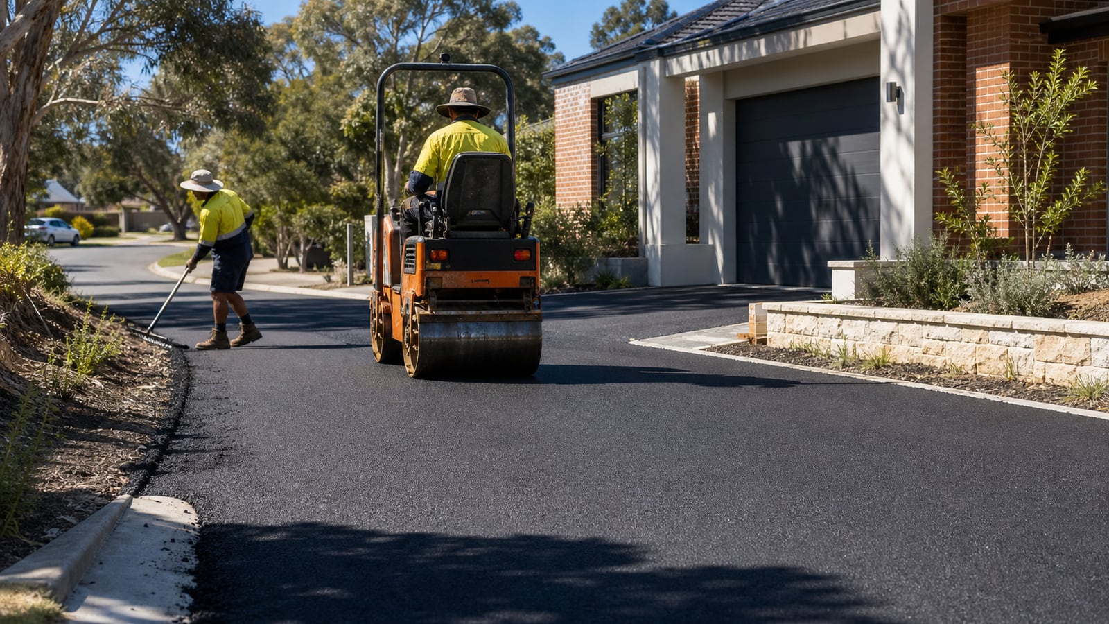 Western Australian asphalt crew compacting a fresh Perth driveway