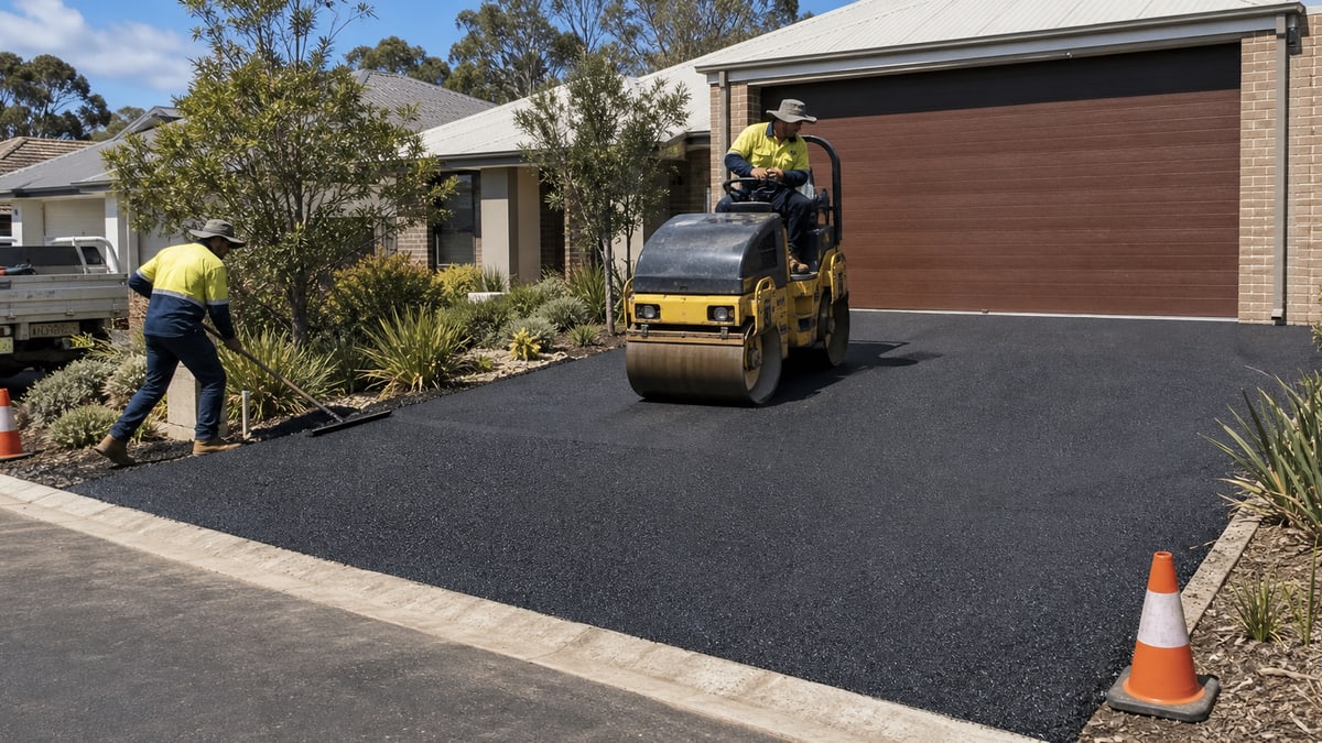 Western Australian asphalt crew finishing a residential Perth driveway