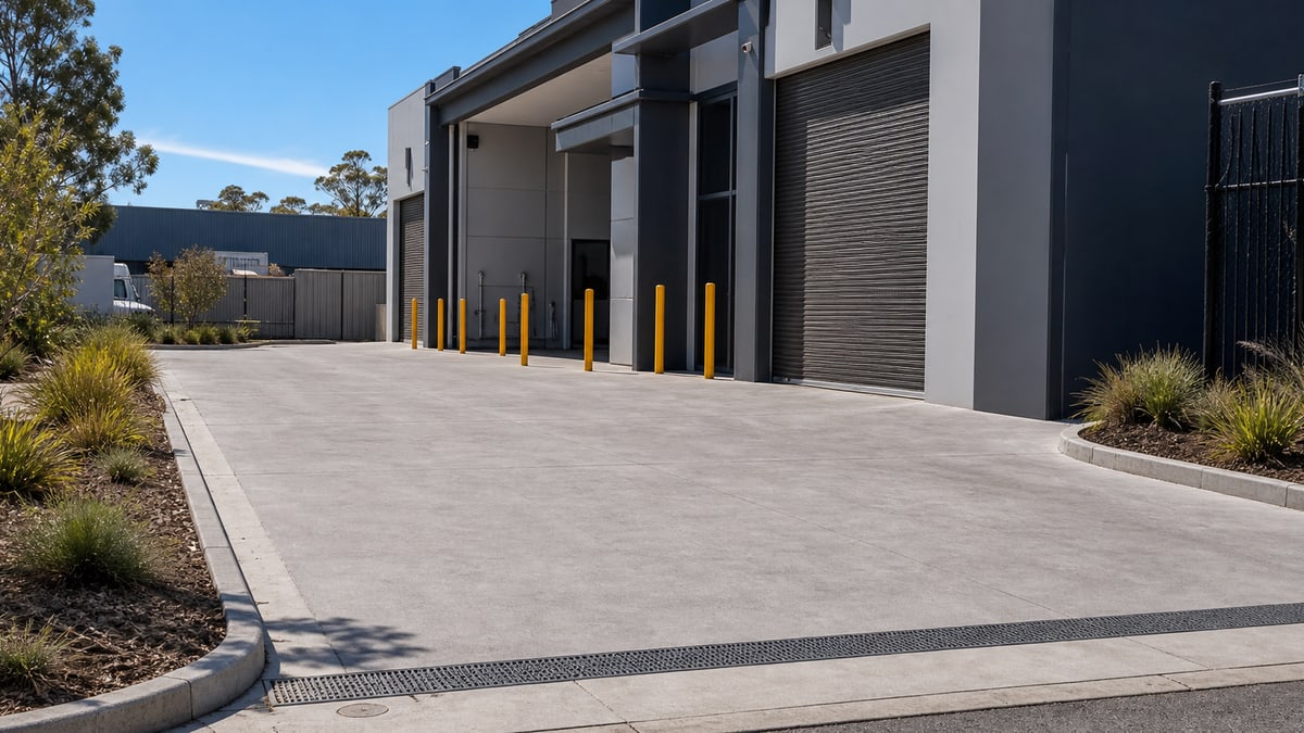 Completed commercial driveway access lane at a Perth light industrial property