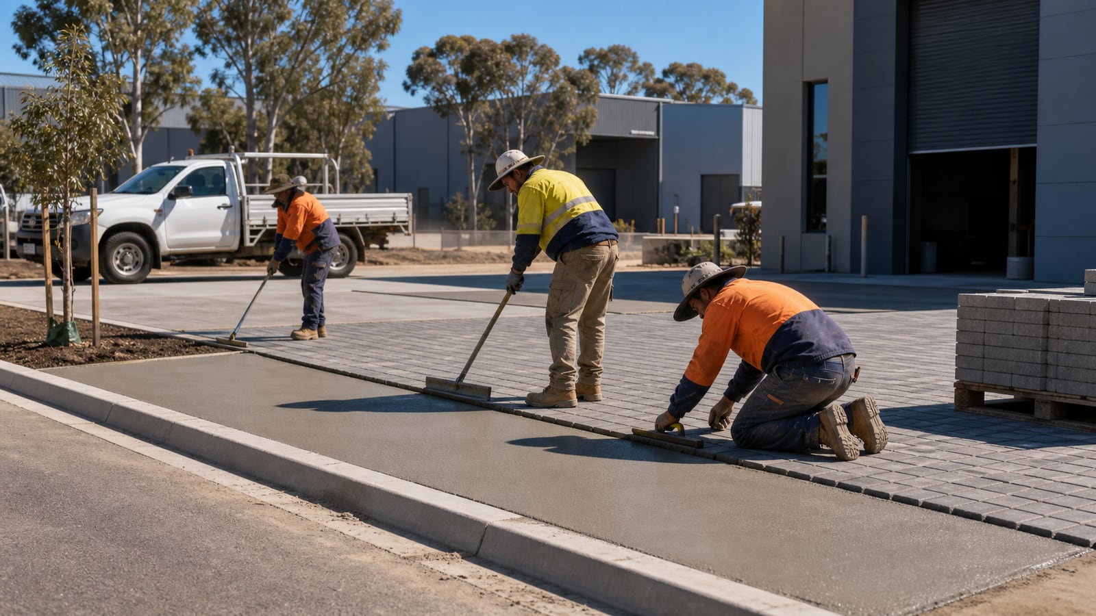 Western Australian paving crew finishing a commercial driveway in Perth