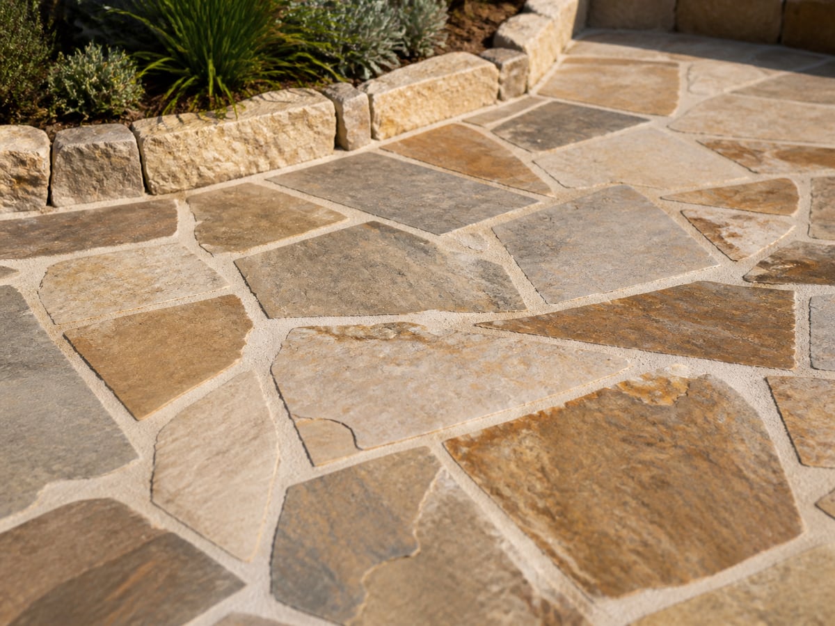 Close-up of irregular crazy pavers with neat grout joints in Perth