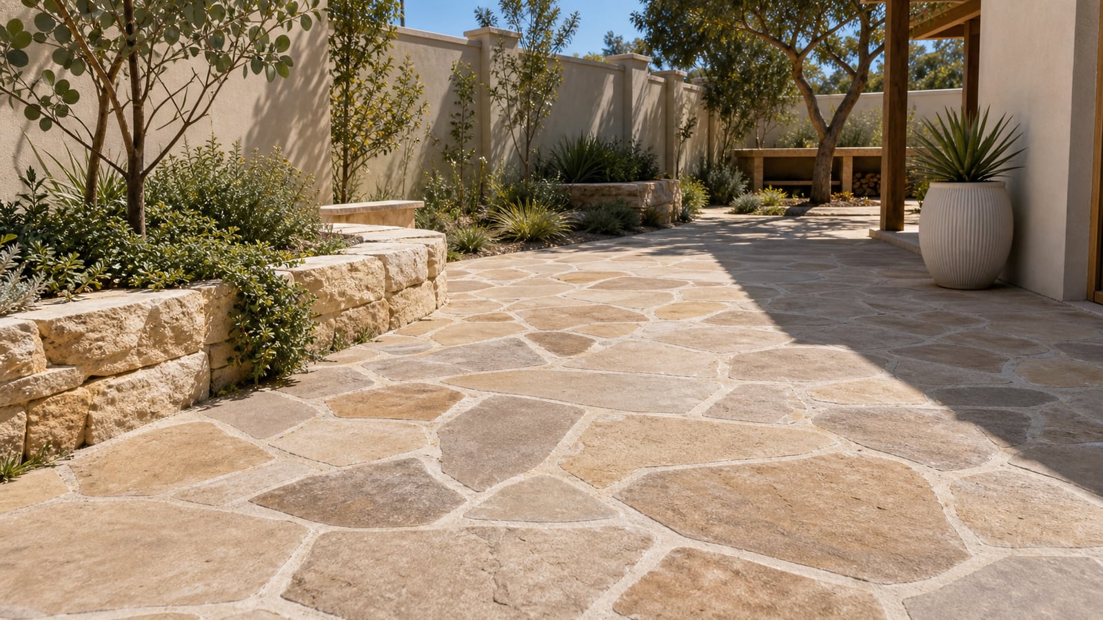 Crazy paver style natural stone pieces arranged for a Perth courtyard