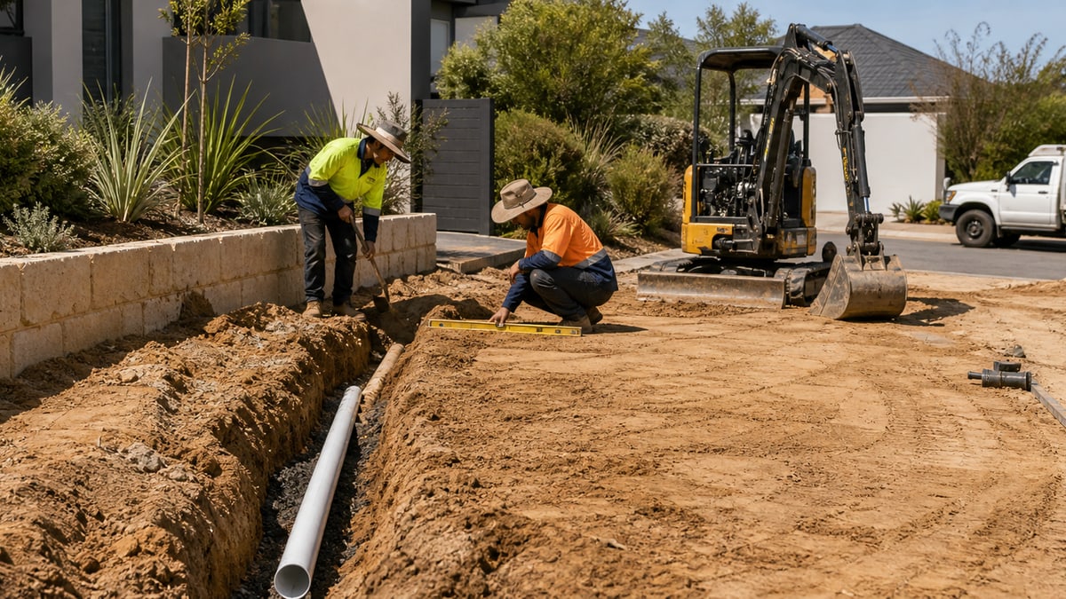 Western Australian workers preparing earthworks and drainage for a Perth driveway