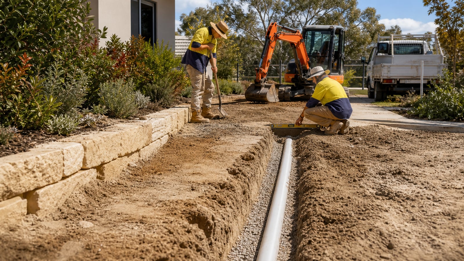 Western Australian workers preparing driveway drainage on a Perth residential site