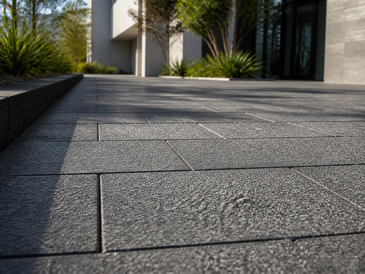 Close-up of charcoal granite pavers with crisp joints for a Perth entry