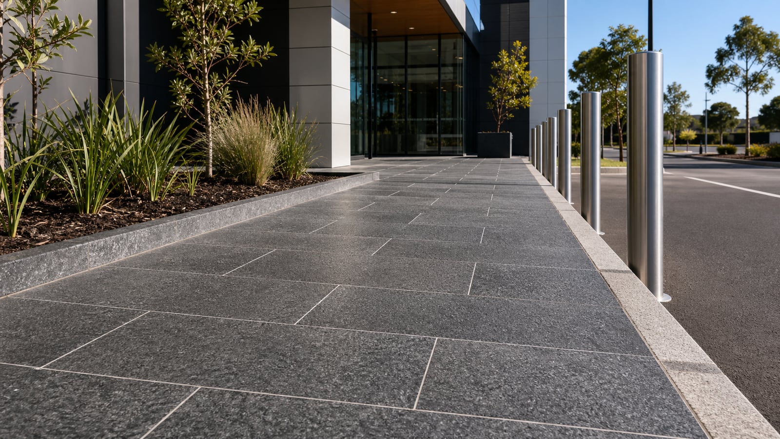 Granite style pavers used in a strong Perth outdoor landscape setting
