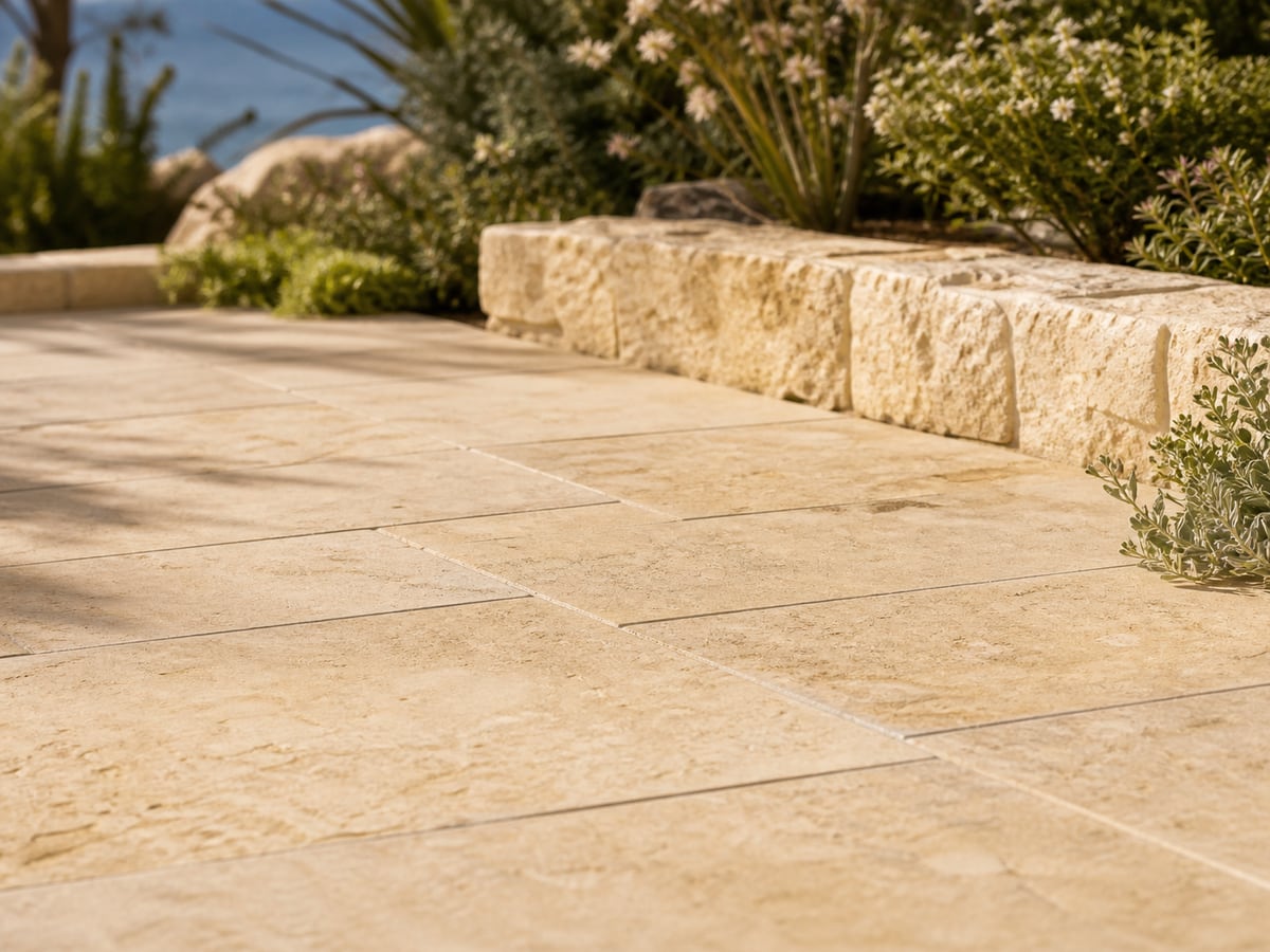 Close-up of cream limestone pavers in a Perth coastal garden patio