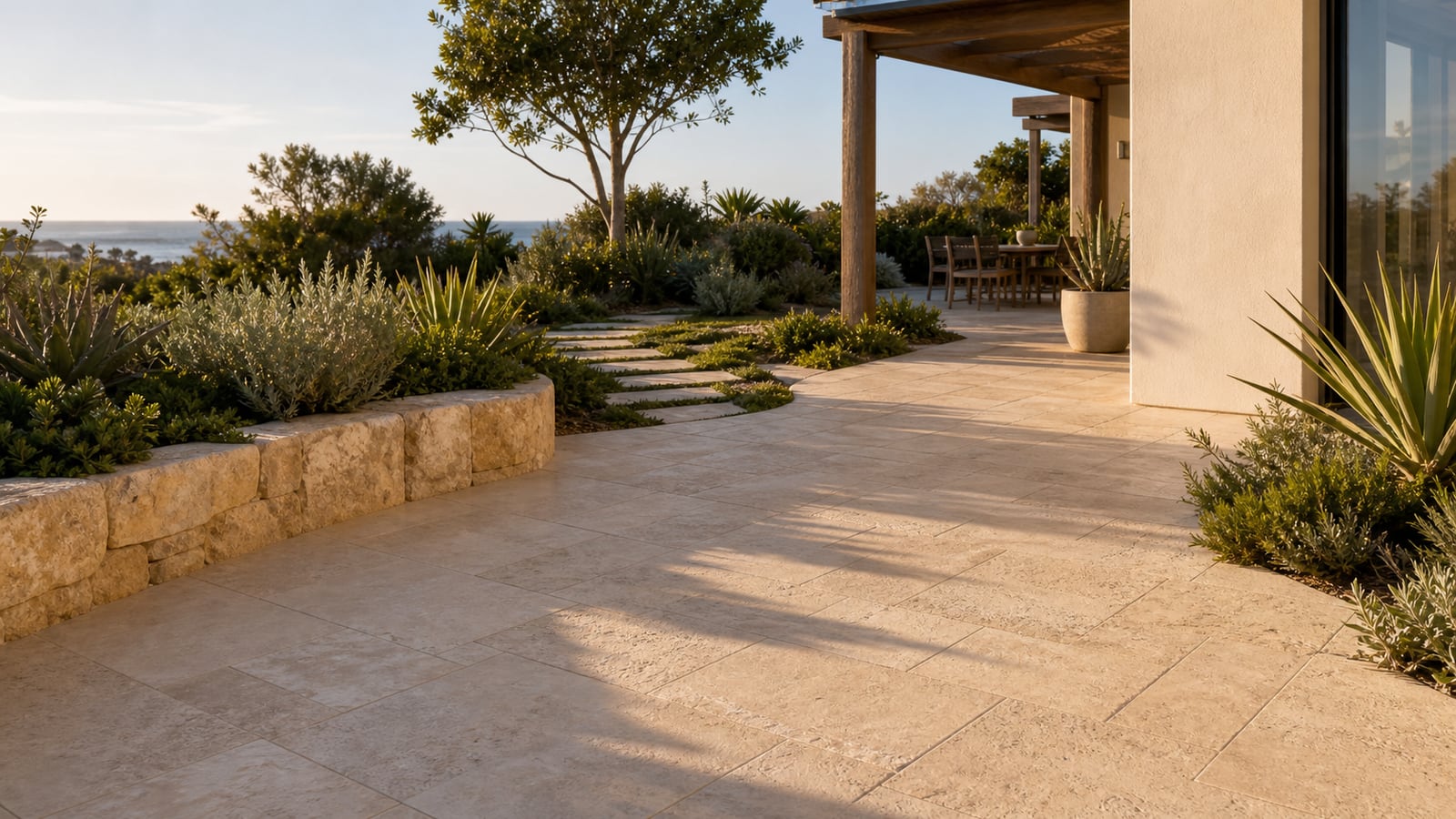 Limestone pavers in a warm Perth garden and outdoor entertaining area