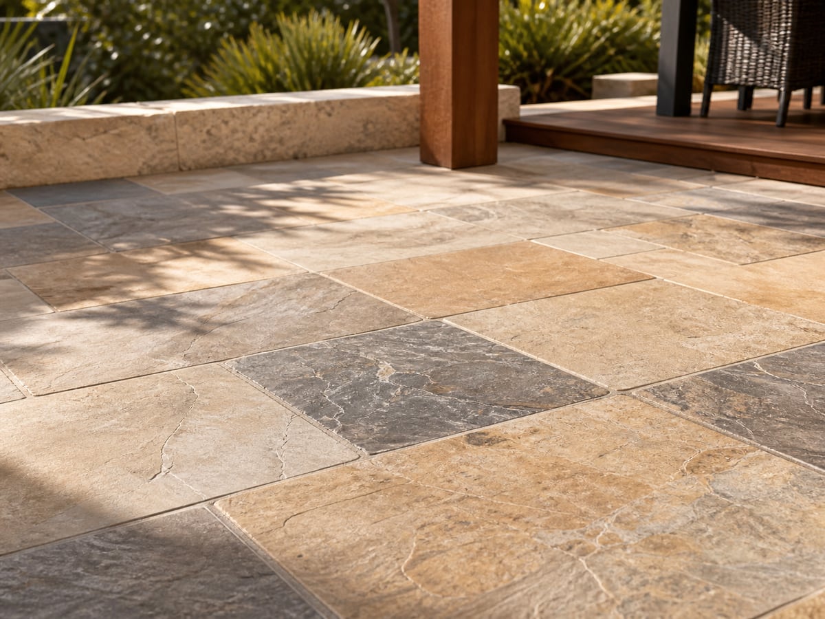 Close-up of premium natural stone pavers with mixed tones in Perth