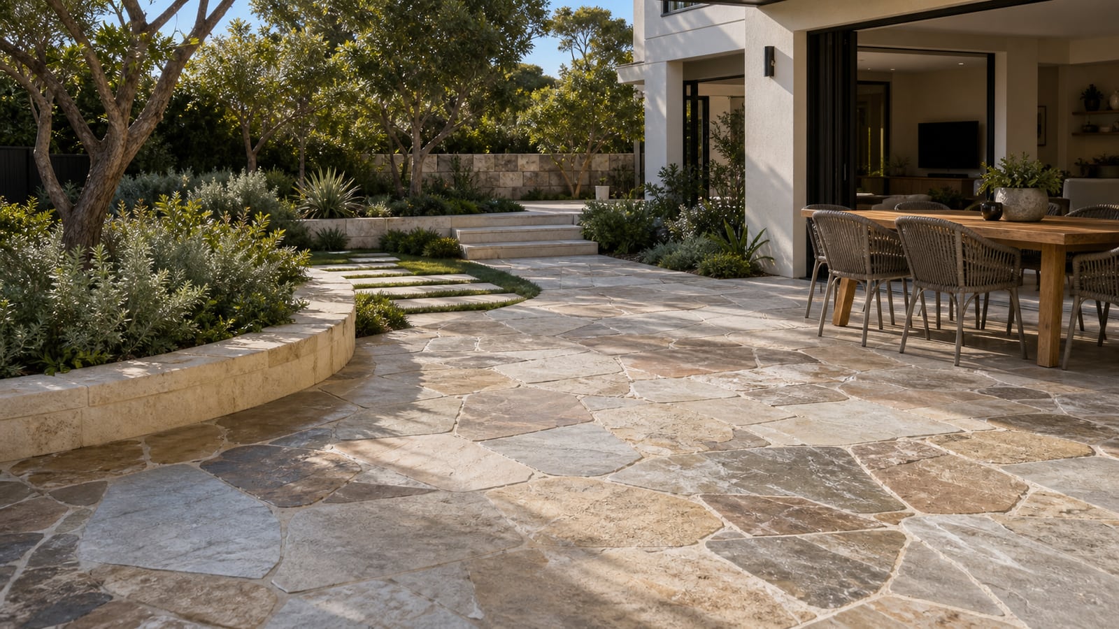 Natural stone pavers and landscaped outdoor area for a Perth property