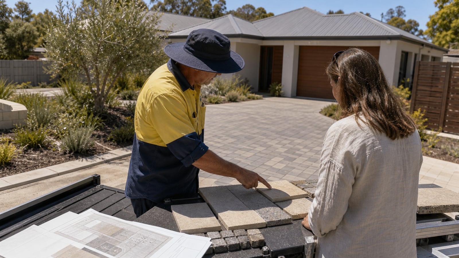 Perth paving contractor discussing driveway and patio samples at a Western Australian home