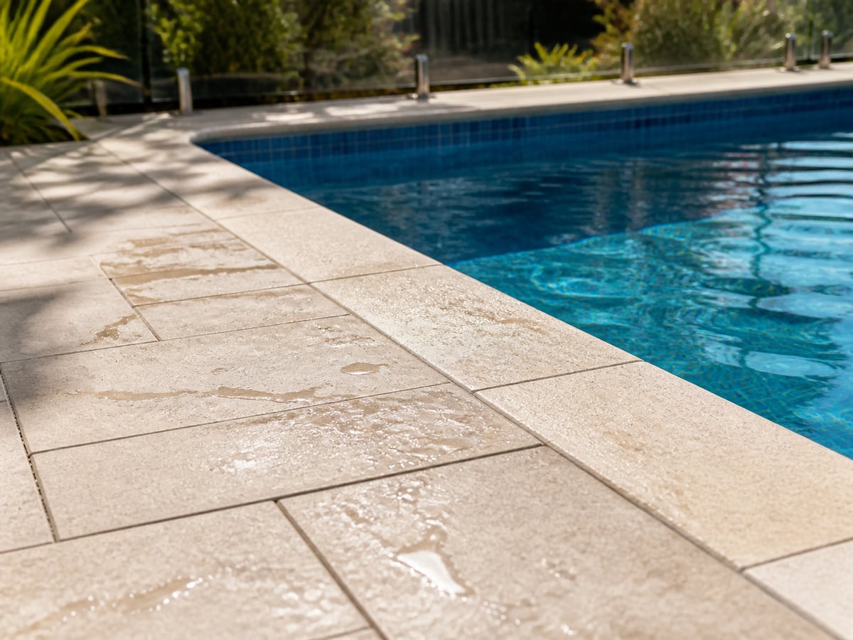 Close-up of light pool pavers and coping around a Perth backyard pool