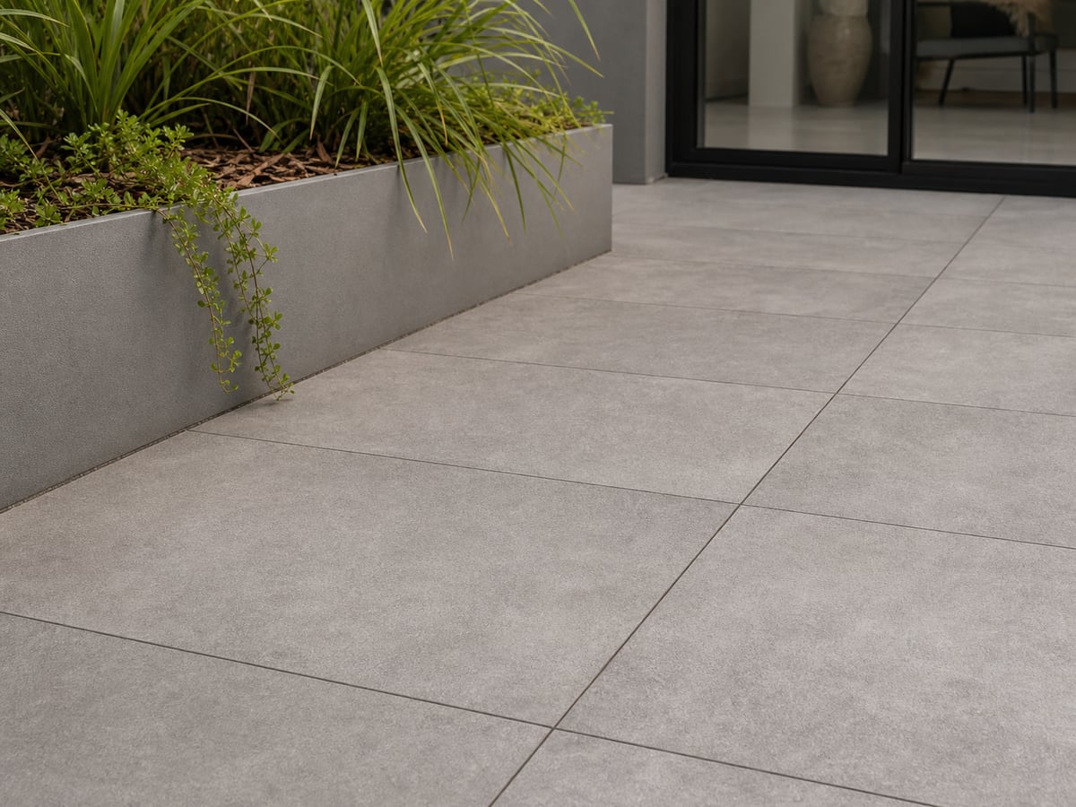 Close-up of concrete-look porcelain pavers in a modern Perth courtyard