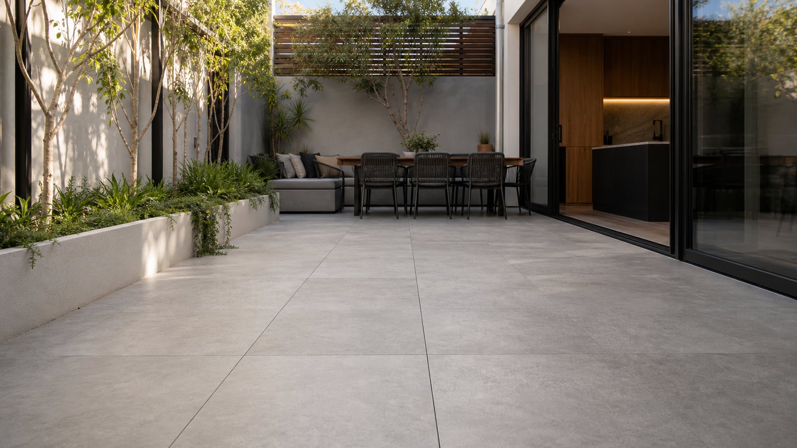 Modern porcelain paver samples and outdoor paving consultation in Perth