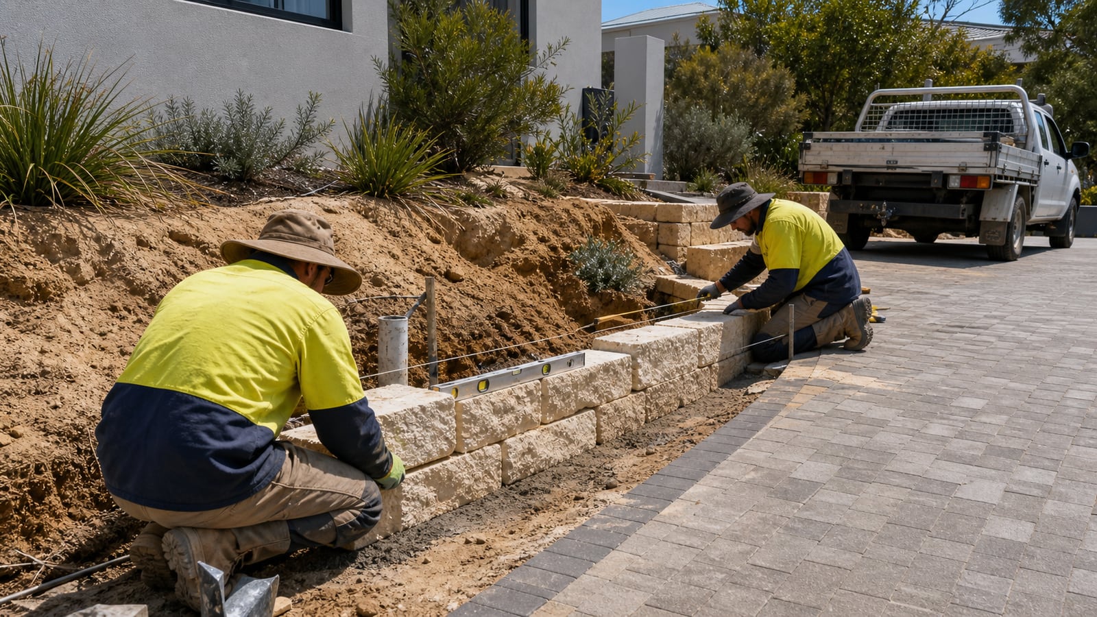 Western Australian workers building a retaining wall beside a paved Perth driveway