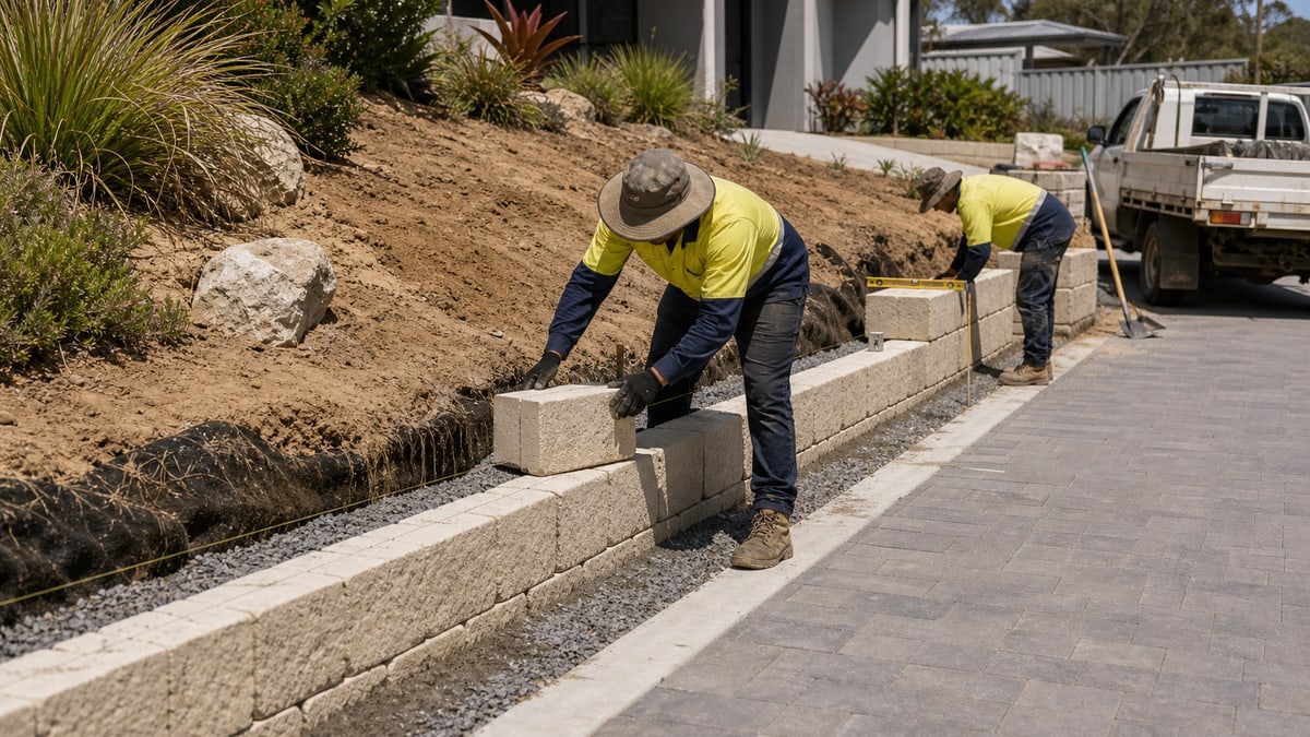 Western Australian workers building a retaining wall beside a Perth driveway
