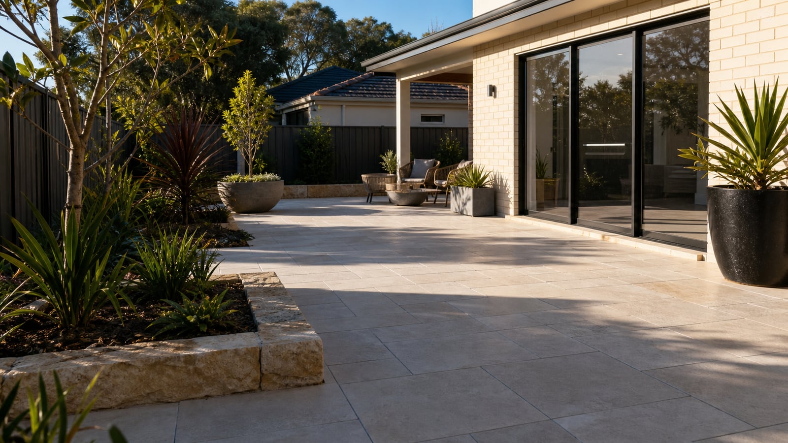 Natural stone pavers installed across an outdoor entertaining area in Perth