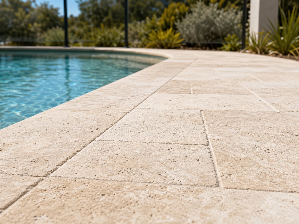 Close-up of light travertine pavers beside a Perth backyard pool