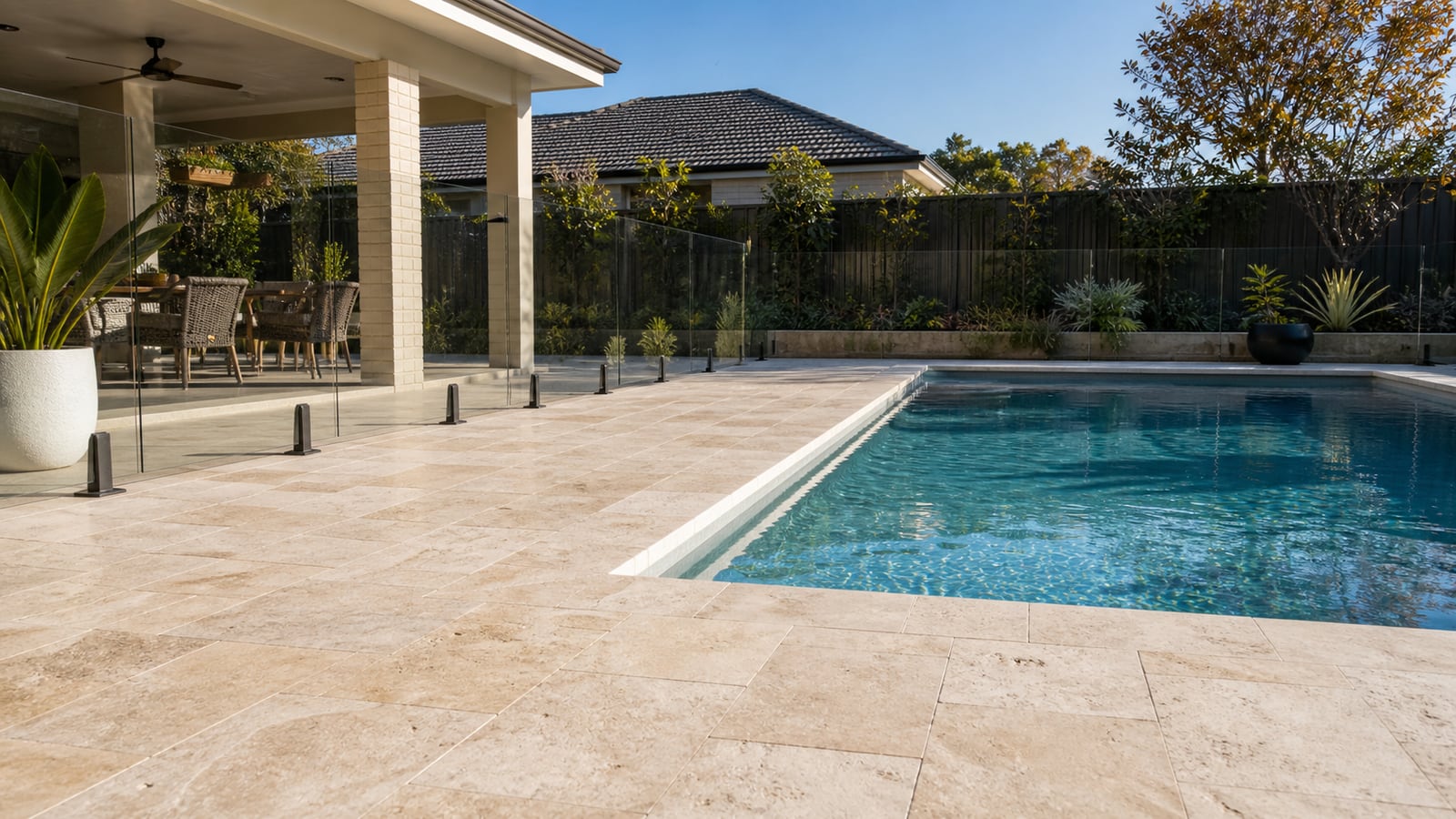 Travertine pavers around a bright Perth patio and outdoor living area